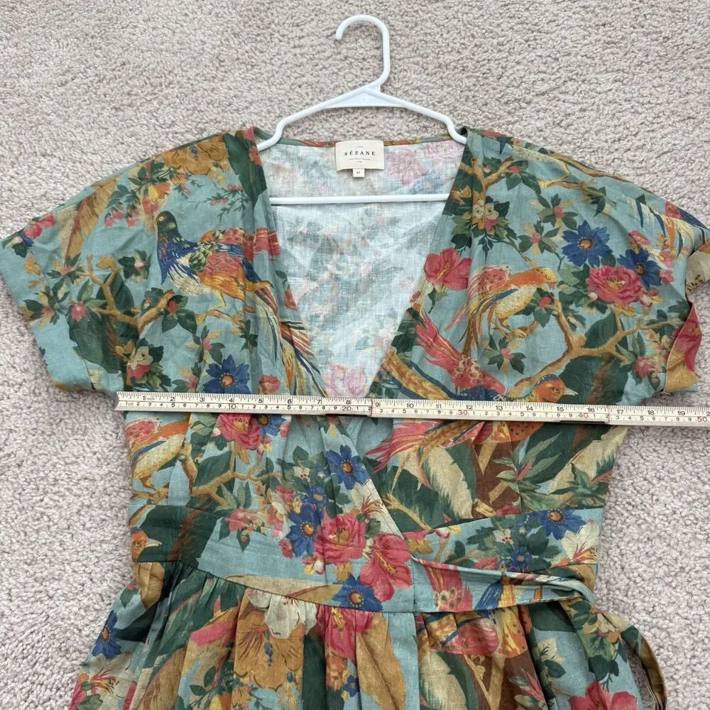 Sezane Tropical Floral Midi Wrap Dress Linen Hawaiian Birds Sz 40 (US 8) Classic - Picture 11 of 12